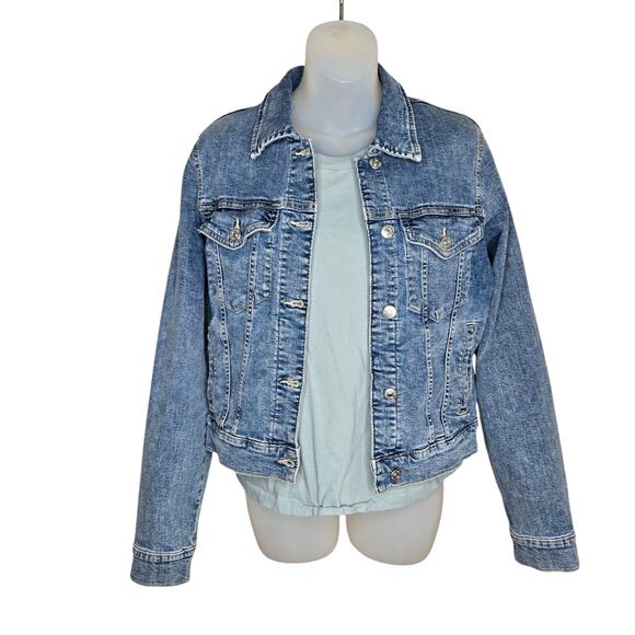 Mango MNG Womens Denim Jacket Large Trucker Style Metal Buttons Retro Coat - Picture 5 of 9